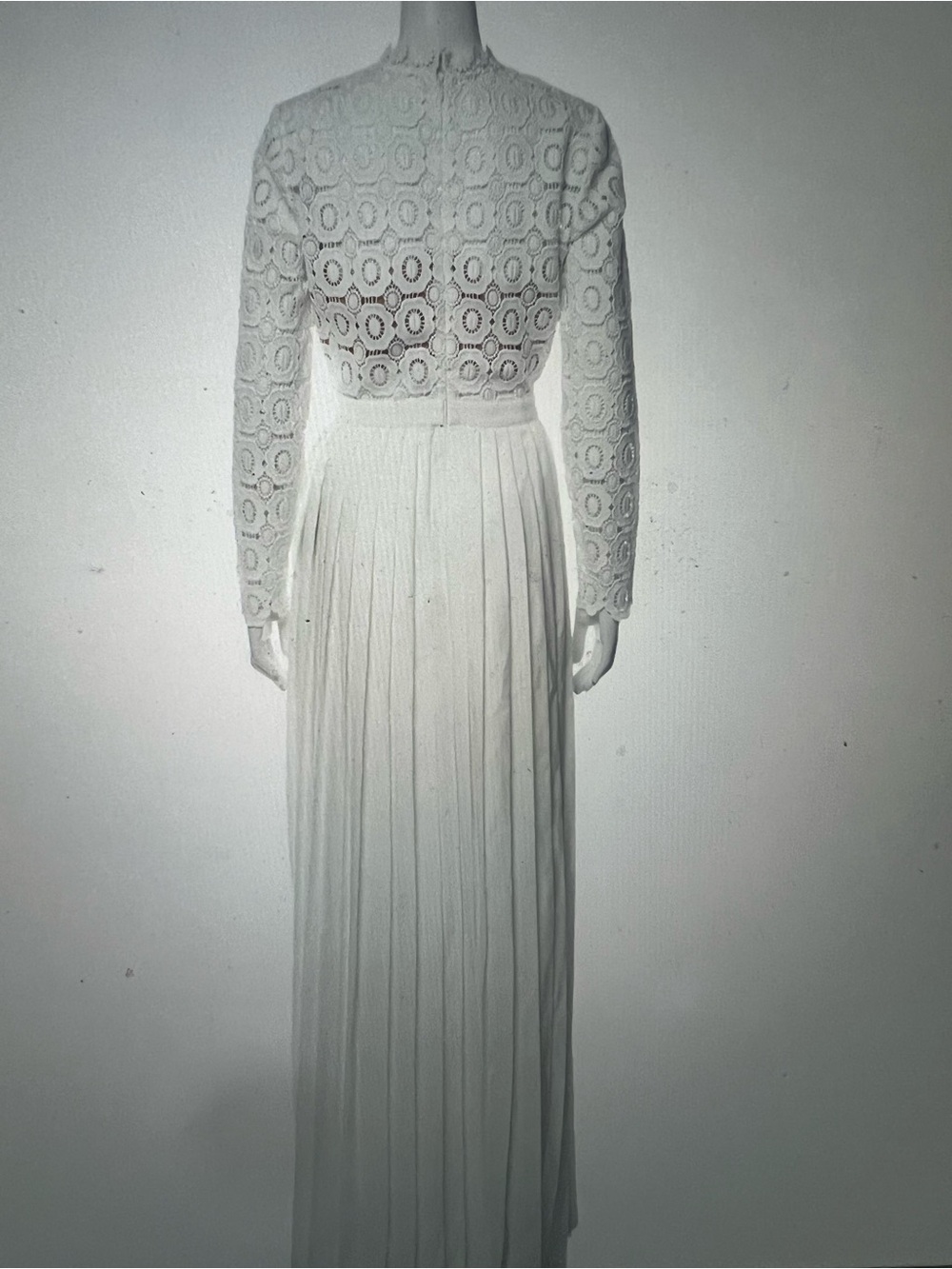 Self-Portrait White Long-Sleeve Lace & Pleated Maxi Dress